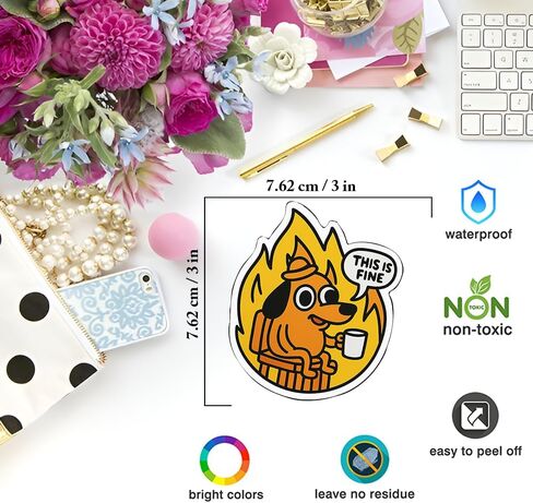 “This is Fine" Meme Dog Sticker (3pcs) – Funny Fire Cartoon Vinyl Decals for Laptop, Water Bottle, Scrapbook – Cute Mental Health Meme Gift – 3x3in Waterproof Stickers in Saudi Arabia