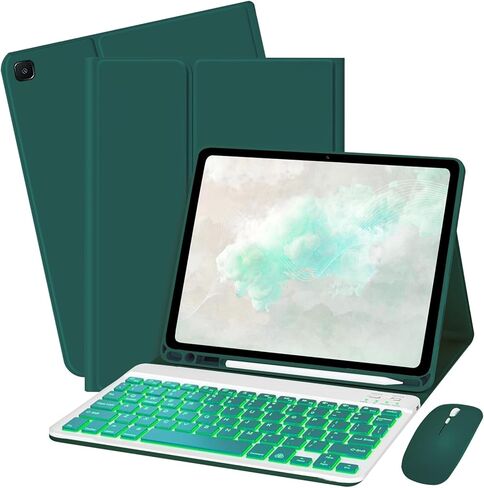 حافظة لوحة المفاتيح لجهاز Amzaon Fire HD 10/10+ Plus (الجيل 11/13) مع لوحة مفاتيح - حافظة حماية للوحة المفاتيح بإضاءة خلفية بـ 7 ألوان وماوس (أخضر داكن) in Saudi Arabia