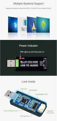 Waveshare USB Sound Card USB Audio Module with Speaker for Raspberry Pi/Jetson Nano, No Need Driver, External Audio Converter,Recording and Playback Support in Saudi Arabia