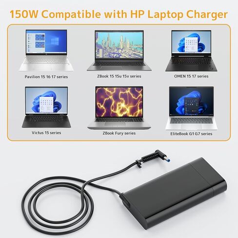 شاحن 150 وات 19.5 فولت 7.7 أمبير متوافق مع كمبيوتر HP المحمول، Pavilion Gaming 15 15-bc 17 OMEN ZBook 15 G3 G4 G5 G6 Fury G10 Studio x360 G5 Envy 15 EliteBook 1050 G1 855 G7 Victus Power AC محول سلك الإمداد in Kuwait