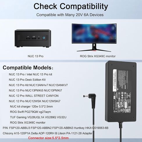 20V 6A 120W Charger Compatible with ASUS Intel NUC 14 13 12 Pro NUC13VYKi7 ROG Swift PG279QM ROG Strix XG349C Gaming VG289Q VG32U Monitor Power Cord in Saudi Arabia