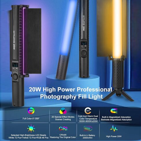ASHATA RGB Led Video Light, 20W Photography Video Lighting Kit, Handheld Fill Light with 192 High Color Rendering LED Beads LCD Display Screen, 1800K-9000K in Saudi Arabia