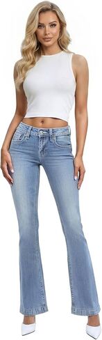 Hybrid & Company Women's Flare Mid Rise Jeans Trendy Stretchy Denim Pants with Pockets in Kuwait