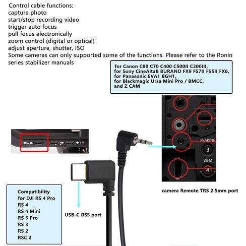 كابل التحكم في التسجيل لـ DJI RS2/3/4 Pro، Focus Pro Grip to Sony CineAltaB FX9 FX6، Canon C80، BMD URSA Mini Pro، Panasonic EVA1 BGH1، كاميرا Z CAM، USB-C إلى LANC 2.5 مم، 30 سم in Saudi Arabia