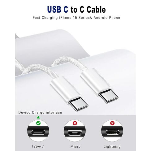 كابل USB C إلى USB C بطول 3أقدام، قطعتان، سلك شاحن iPhone 17 16 15 مجدول من النايلون بقدرة 66 وات، شاحن سريع من النوع C، كابل USBC إلى USBC لهاتف iPhone 15 16 Pro Plus Pro Max/iPad Pro/Air in Kuwait