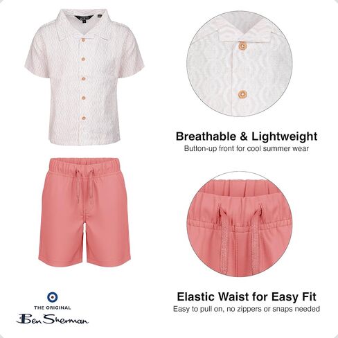 طقم شورت للأولاد من Ben Sherman Clothing مكون من قطعتين من الكتان مع قميص وسروال قصير بأزرار سفلية - للأطفال والرضع والأولاد الكبار (12M-14) in Kuwait