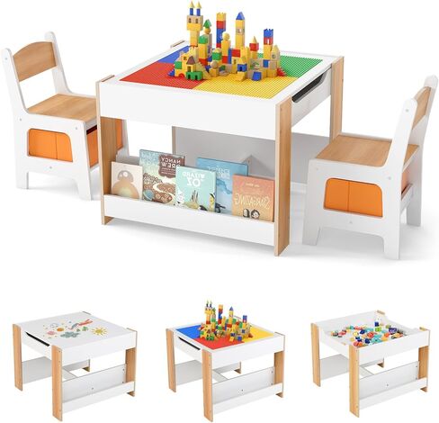 INFANS Kids Table and Chair Set, 4 in 1 Building Block Wooden Activity Desk with Reversible Tabletop Storage Drawers Bookshelves for Toddlers Art Craft Learning Reading Drawing Playroom (Natural) in Kuwait