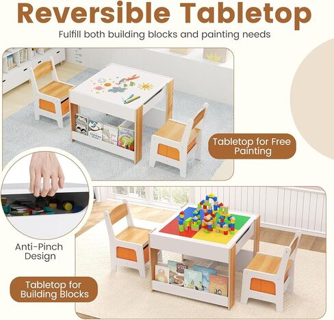INFANS Kids Table and Chair Set, 4 in 1 Building Block Wooden Activity Desk with Reversible Tabletop Storage Drawers Bookshelves for Toddlers Art Craft Learning Reading Drawing Playroom (Natural) in Saudi Arabia