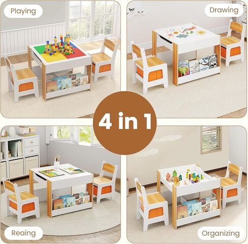 INFANS Kids Table and Chair Set, 4 in 1 Building Block Wooden Activity Desk with Reversible Tabletop Storage Drawers Bookshelves for Toddlers Art Craft Learning Reading Drawing Playroom (Natural) in Saudi Arabia