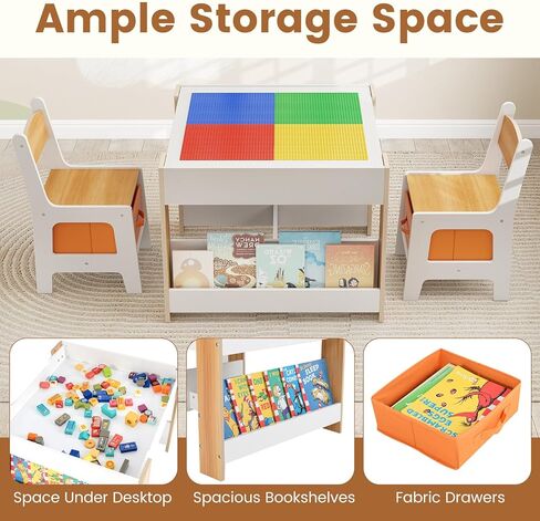 INFANS Kids Table and Chair Set, 4 in 1 Building Block Wooden Activity Desk with Reversible Tabletop Storage Drawers Bookshelves for Toddlers Art Craft Learning Reading Drawing Playroom (Natural) in Saudi Arabia