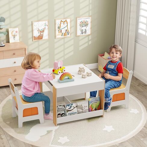 INFANS Kids Table and Chair Set, 4 in 1 Building Block Wooden Activity Desk with Reversible Tabletop Storage Drawers Bookshelves for Toddlers Art Craft Learning Reading Drawing Playroom (Natural) in Saudi Arabia