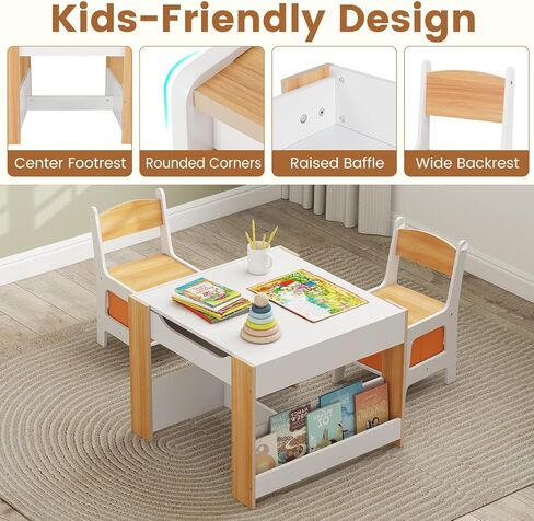 INFANS Kids Table and Chair Set, 4 in 1 Building Block Wooden Activity Desk with Reversible Tabletop Storage Drawers Bookshelves for Toddlers Art Craft Learning Reading Drawing Playroom (Natural) in Saudi Arabia