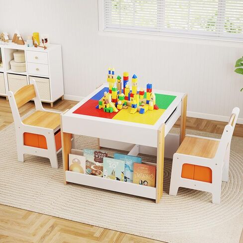 INFANS Kids Table and Chair Set, 4 in 1 Building Block Wooden Activity Desk with Reversible Tabletop Storage Drawers Bookshelves for Toddlers Art Craft Learning Reading Drawing Playroom (Natural) in Saudi Arabia
