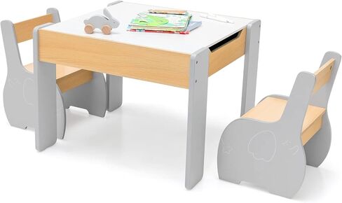 INFANS Kids Table and Chair Set, 4 in 1 Building Block Wooden Activity Desk with Reversible Tabletop Storage Drawers Bookshelves for Toddlers Art Craft Learning Reading Drawing Playroom (Natural) in Saudi Arabia