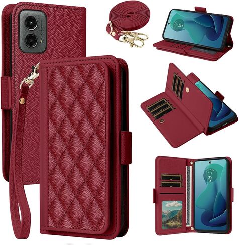 for Motorola Moto G 5G 2024 Argyle Wallet Case with Wrist/Shoulder Strap Card Slots Flip Purse,Luxury PU Leather Card Holder Stand Minimalist Quilted Cell Phone Cover for G5G 5 G G5 Men Red in Kuwait
