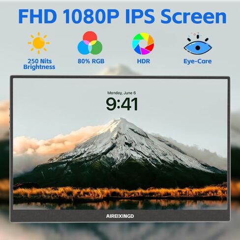 شاشة محمولة 15.6 بوصة 1080 بيكسل FHD IPS، 60 هرتز فائقة النحافة USB/Type-C/Mini HDMI شاشة سفر مع مسند، موسع شاشة لأجهزة الكمبيوتر المحمول، Mac، الهاتف، PS، Xbox، Switch Gaming in Saudi Arabia