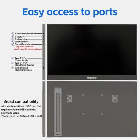شاشة محمولة 15.6 بوصة 1080 بيكسل FHD IPS، 60 هرتز فائقة النحافة USB/Type-C/Mini HDMI شاشة سفر مع مسند، موسع شاشة لأجهزة الكمبيوتر المحمول، Mac، الهاتف، PS، Xbox، Switch Gaming in Saudi Arabia