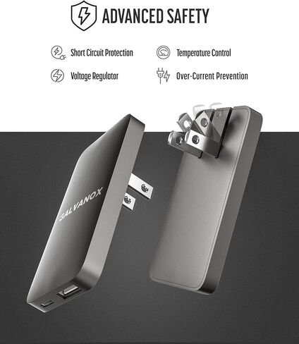 شاحن حائط مسطح USB-C من جالفانوكس، قابس جداري للشحن السريع فائق النحافة (20 وات) لهواتف iPhone وSamsung - منفذ مزدوج (USB-A وUSB نوع C) أسود in Kuwait