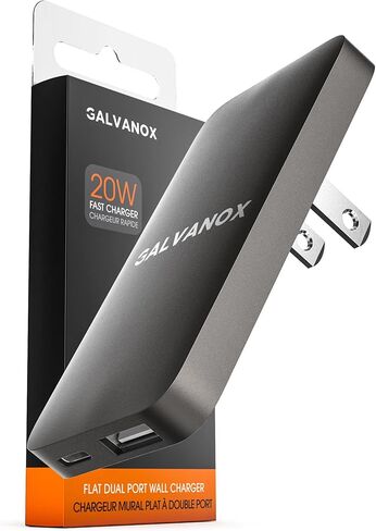 شاحن حائط مسطح USB-C من جالفانوكس، قابس جداري للشحن السريع فائق النحافة (20 وات) لهواتف iPhone وSamsung - منفذ مزدوج (USB-A وUSB نوع C) أسود in Kuwait