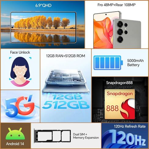 هواتف D25 Bulid-in غير مقفلة بالقلم، هاتف ذكي 5G Android 14، هواتف أندرويد 12 جيجابايت + 512 جيجابايت غير مقفلة، Snapdragon888، 5000 مللي أمبير، كاميرا 48 + 108 ميجابكسل، شاشة 6.9 بوصة عالية الدقة، بطاقة SIM مزدوجة + توسيع الذاكرة، رمادي in Kuwait