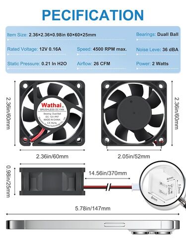 Wathai IP67 60mm x 25mm DC 12V Waterproof Small Fan Dual Ball High Speed with 2 Pin Splitter Speed Controller 36W 3A Adjustable Power Supply in Saudi Arabia