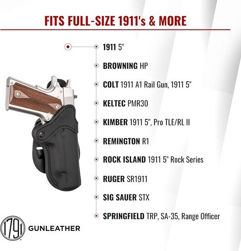 1791 GUNLEATHER 1911 Paddle Holster - حافظة مسدس جلدية OWB CCW جاهزة للبصريات للأحزمة - اليد اليمنى - تناسب موديلات 1911 مع براميل 4 بوصات و5 بوصات in Kuwait