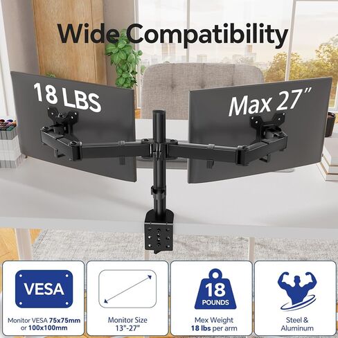 Simple Trending Dual Monitor Stand, Monitor Arm, Heavy Duty Adjustable Monitor Desk Mount for 2 Screens up to 27 Inches, (Black) in Saudi Arabia