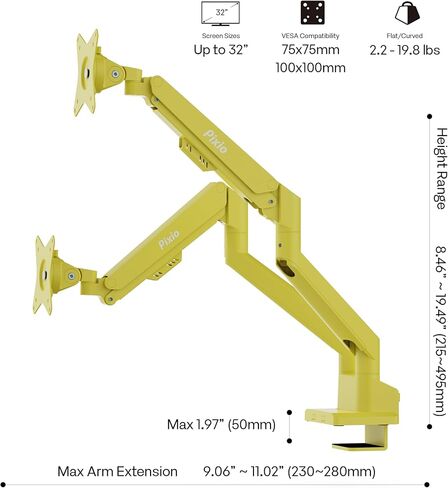 Pixio PS1D Wave Yellow Dual Monitor Arm Stand Desk Mount - Fits up to 32 inches Monitors and up to 19.8lbs. VESA Compatibility and Integrated Cable Management in Saudi Arabia
