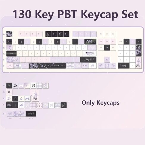 أغطية مفاتيح PBT على شكل فراشة أرجوانية، أغطية مفاتيح سوداء، أغطية مفاتيح صبغية بالتسامي بلون الكرز، أغطية مفاتيح لطيفة مكونة من 130 مفتاحًا لـ 60 65 75 100 بالمائة للوحة مفاتيح MX Switches in Kuwait