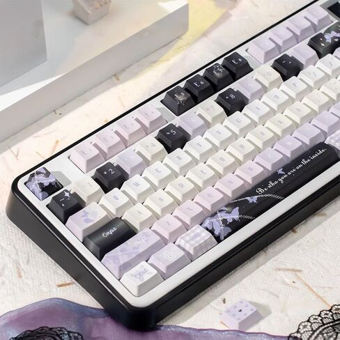 أغطية مفاتيح PBT على شكل فراشة أرجوانية، أغطية مفاتيح سوداء، أغطية مفاتيح صبغية بالتسامي بلون الكرز، أغطية مفاتيح لطيفة مكونة من 130 مفتاحًا لـ 60 65 75 100 بالمائة للوحة مفاتيح MX Switches in Kuwait