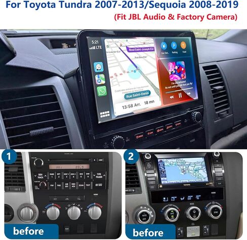4+64G Car Radio Stereo for Toyota Tundra 2007 2008 2009 2010 2011 2012 2013 Toyota Sequoia 2008-2019, WiFi CarPlay Android Auto GPS Navi Touchscreen Volume Knob Fit OEM Backup Camera SWC JBL in Kuwait