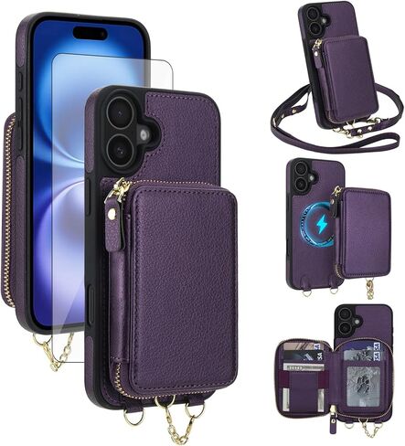 Phone Case for iPhone 16 Wallet Zipper Handbag Cover Screen Protector Crossbody Lanyard Strap 2-in-1 Magnetic Detachable Compatible with MagSafe RFID Blocking i Phone16 i16 16Case Women Dark Purple in Kuwait