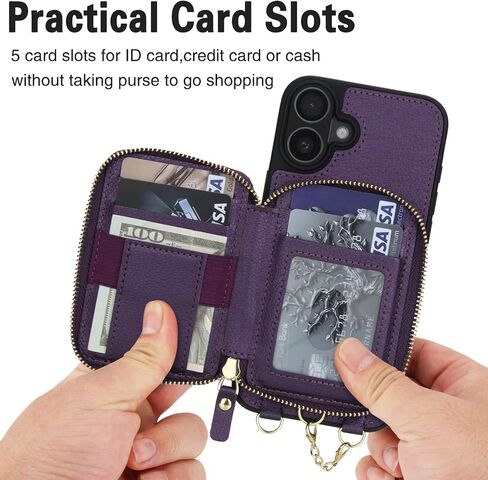 Phone Case for iPhone 16 Wallet Zipper Handbag Cover Screen Protector Crossbody Lanyard Strap 2-in-1 Magnetic Detachable Compatible with MagSafe RFID Blocking i Phone16 i16 16Case Women Dark Purple in Kuwait