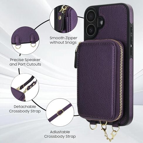 Phone Case for iPhone 16 Wallet Zipper Handbag Cover Screen Protector Crossbody Lanyard Strap 2-in-1 Magnetic Detachable Compatible with MagSafe RFID Blocking i Phone16 i16 16Case Women Dark Purple in Kuwait