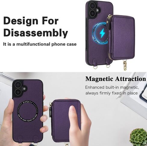 Phone Case for iPhone 16 Wallet Zipper Handbag Cover Screen Protector Crossbody Lanyard Strap 2-in-1 Magnetic Detachable Compatible with MagSafe RFID Blocking i Phone16 i16 16Case Women Dark Purple in Kuwait