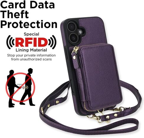 Phone Case for iPhone 16 Wallet Zipper Handbag Cover Screen Protector Crossbody Lanyard Strap 2-in-1 Magnetic Detachable Compatible with MagSafe RFID Blocking i Phone16 i16 16Case Women Dark Purple in Kuwait