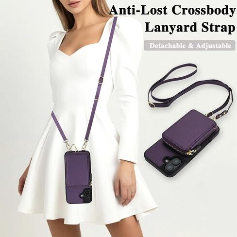 Phone Case for iPhone 16 Wallet Zipper Handbag Cover Screen Protector Crossbody Lanyard Strap 2-in-1 Magnetic Detachable Compatible with MagSafe RFID Blocking i Phone16 i16 16Case Women Dark Purple in Kuwait