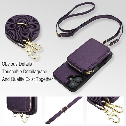 Phone Case for iPhone 16 Wallet Zipper Handbag Cover Screen Protector Crossbody Lanyard Strap 2-in-1 Magnetic Detachable Compatible with MagSafe RFID Blocking i Phone16 i16 16Case Women Dark Purple in Kuwait