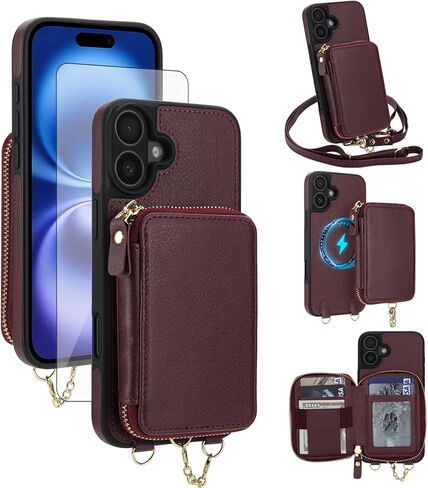 Phone Case for iPhone 16 Wallet Zipper Handbag Cover Screen Protector Crossbody Lanyard Strap 2-in-1 Magnetic Detachable Compatible with MagSafe RFID Blocking i Phone16 i16 16Case Women Dark Purple in Kuwait