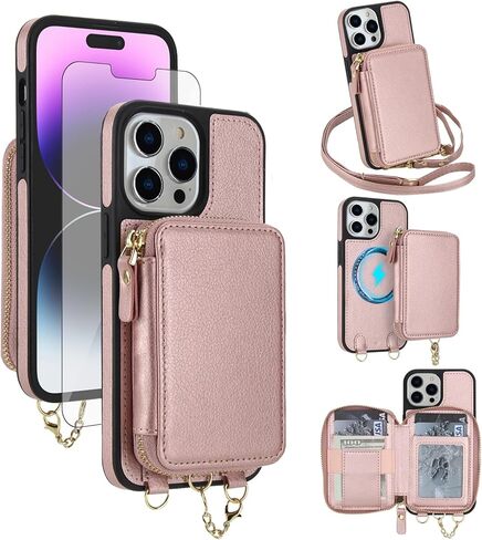 Phone Case for iPhone 16 Wallet Zipper Handbag Cover Screen Protector Crossbody Lanyard Strap 2-in-1 Magnetic Detachable Compatible with MagSafe RFID Blocking i Phone16 i16 16Case Women Dark Purple in Kuwait