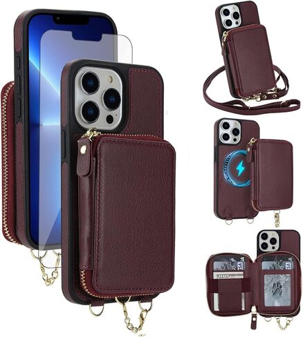 Phone Case for iPhone 16 Wallet Zipper Handbag Cover Screen Protector Crossbody Lanyard Strap 2-in-1 Magnetic Detachable Compatible with MagSafe RFID Blocking i Phone16 i16 16Case Women Dark Purple in Kuwait