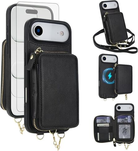 Phone Case for iPhone 16 Wallet Zipper Handbag Cover Screen Protector Crossbody Lanyard Strap 2-in-1 Magnetic Detachable Compatible with MagSafe RFID Blocking i Phone16 i16 16Case Women Dark Purple in Kuwait