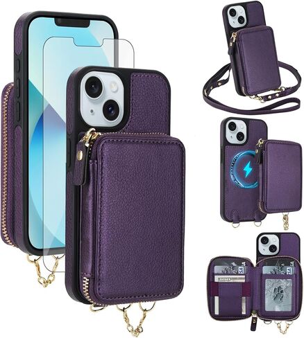 Phone Case for iPhone 16 Wallet Zipper Handbag Cover Screen Protector Crossbody Lanyard Strap 2-in-1 Magnetic Detachable Compatible with MagSafe RFID Blocking i Phone16 i16 16Case Women Dark Purple in Kuwait