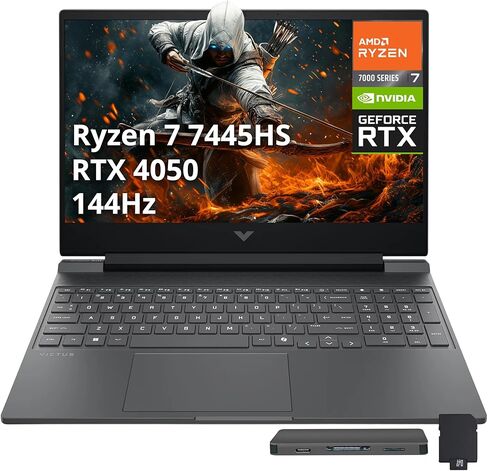 كمبيوتر محمول HP Victus مقاس 15.6 بوصة FHD 144 هرتز للألعاب، AMD Ryzen 7 7445HS، NVIDIA GeForce RTX 4050، 16 جيجابايت DDR5، 512 جيجابايت PCIe SSD، لوحة مفاتيح بإضاءة خلفية، مساعد الطيار، Wi-Fi 6، Win 11، Mica Silver، مجموعة قاعدة إرساء 1 تيرابايت in Kuwait