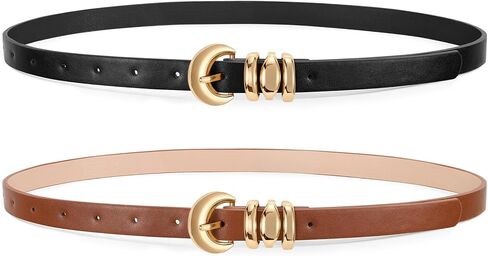XZQTIVE 2 Pack 0.71'' Womens Skinny Leather Belts for Ladies Thin Waist Belt for Jeans Dress Pants with Fashion Gold Buckle in Saudi Arabia
