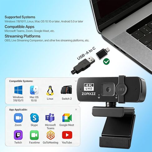 4K Webcam for PC Ultra HD Web Camera with Microphone, PDAF Autofocus,Privacy Cover,USB A & USB C Adapter, Plug & Play,Ideal for Business Meetings&Live Streaming in Saudi Arabia