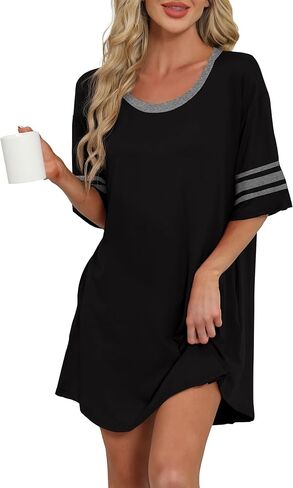 Women Nightgowns Soft Sleepshirts Short Sleeve Nightshirt Crew Neck Sleepwear Loose Comfy Pajama Dress With Pockets in Saudi Arabia