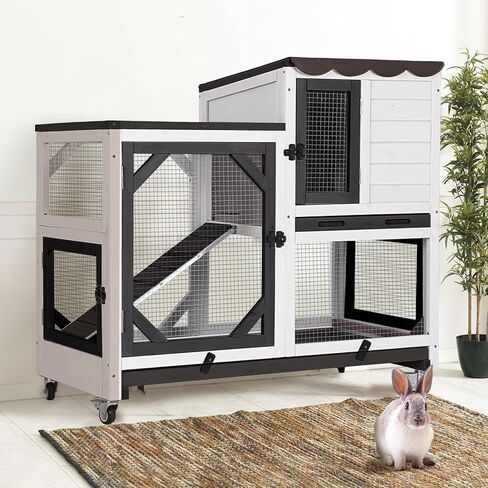 Gutinneen 2-Story Rabbit Hutch داخلي قفص أرنب في الهواء الطلق قفص أرنب خشبي مع منحدر مقاوم للمضغ، 2 صواني مانعة للتسرب، 4 عجلات قابلة للقفل للأرانب، خنازير غينيا، 39.3 بوصة طول × 22 بوصة عرض × 36.8 بوصة ارتفاع (رمادي) in Kuwait