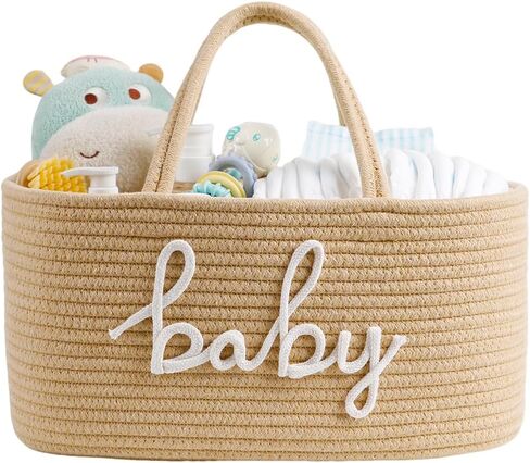 Baby Diaper Caddy Organizer, Large Nursery Storage Bin Basket for Baby Shower and Baby Wipes- Cotton Rope Portable Diaper Bag for Changing Table, Newborn Essentials Gift-Tan in Saudi Arabia