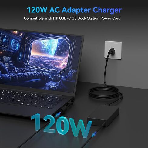 سلك إمداد طاقة USB-C بقوة 120 واط G5 متوافق مع محطة إرساء HP G5 5TW10UT 5TW10AA 5TW10AA#ABB 5TW10UT#ABA G4 4J0A2AA USB-C/A Universal Dock G2 5TW13AA شاحن محول طاقة للكمبيوتر المحمول in Kuwait